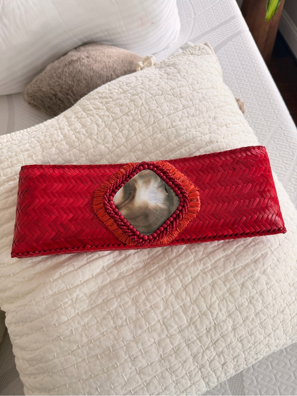 Red Woven Beaded Accent Clutch